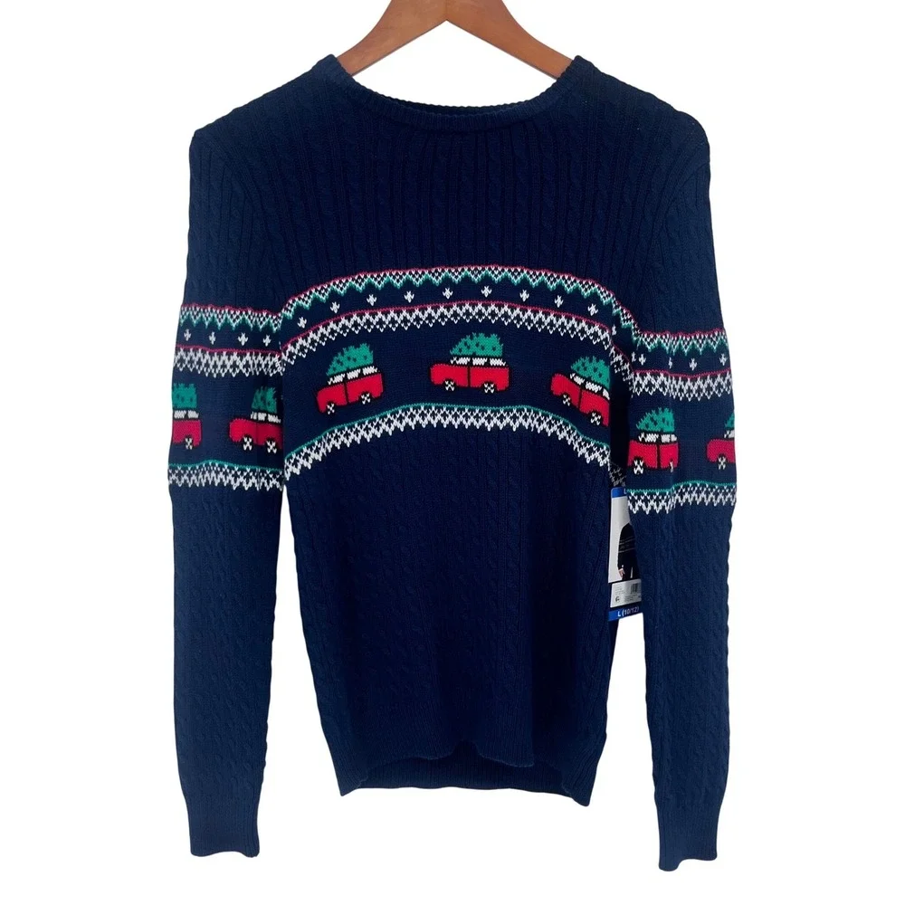 NWT‎ Lands End Kids Boys Sweater Large 10-12 Navy Christmas Tree Truck Holiday